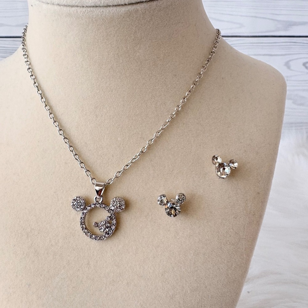 Mickey Mouse Rhinestone Necklace and Earring Set Silver Tone Jewelry